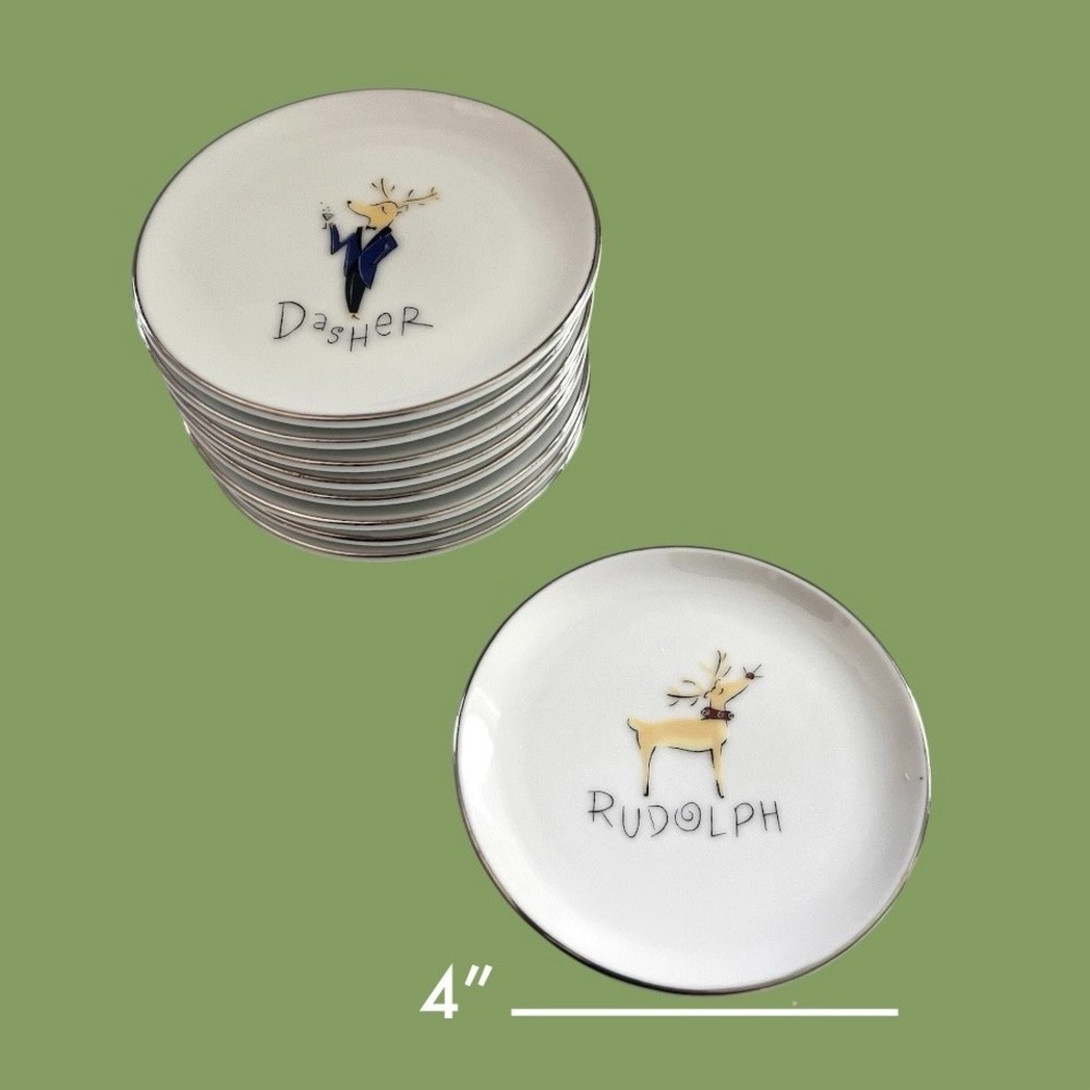 Pottery Barn Reindeer Coasters Platinum Rim Rudolph 4" Christmas Full Set of 9